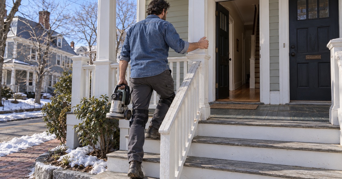 Worker carrying a floor edger up the front steps of a Newton two-family with stacked porches on a cold morning.
