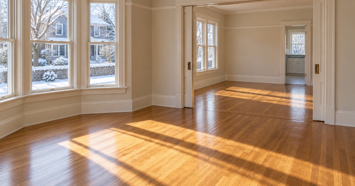 A newly finished oak floor running from the front room into the dining room of a prewar Newton house, pocket doors open.