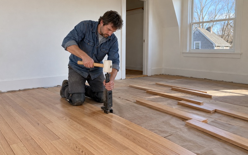 Worker striking a manual flooring nailer seated on the tongue of a new red oak board in a Newton house.