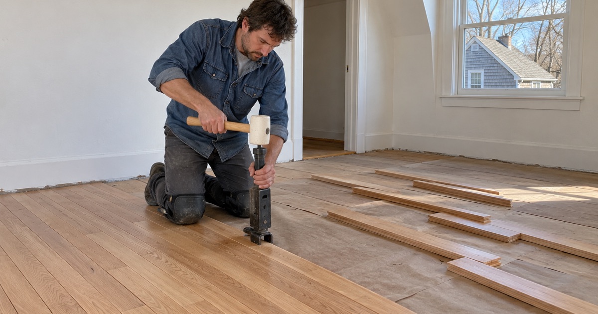Worker striking a manual flooring nailer seated on the tongue of a new red oak board in a Newton house.