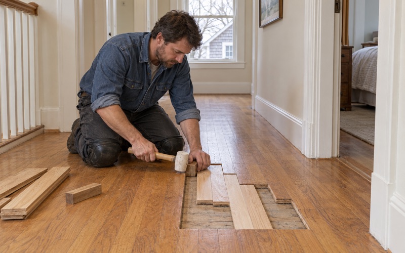 Worker tapping a new oak board into a staggered lace-in repair in the hall of a Newton house.