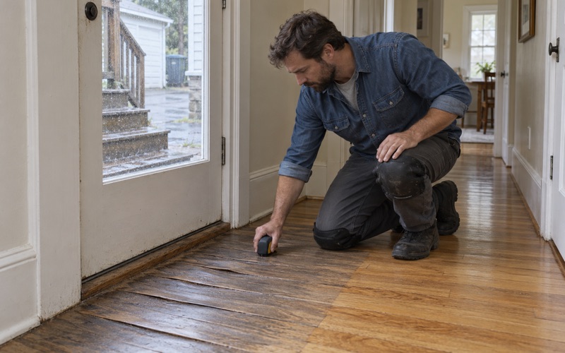 Worker pressing a moisture meter onto cupped oak boards inside the back door of a Newton kitchen hall.