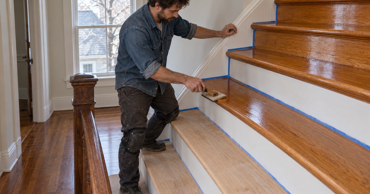 Worker coating oak stair treads from the top down, backing down the staircase of a Newton house.