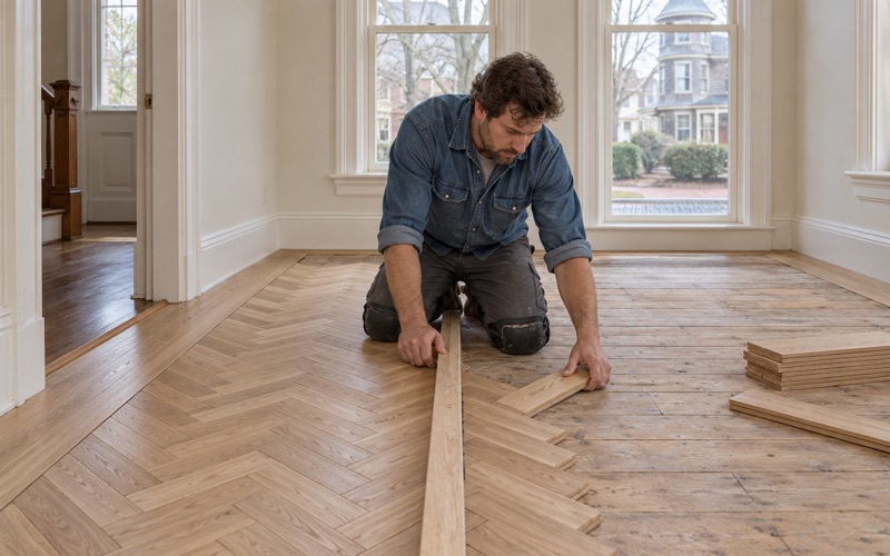 Worker pressing a white oak herringbone block against a straight guide board laid down the center of a Newton dining room.