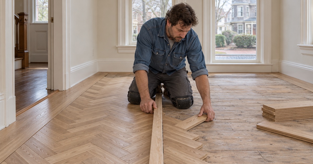 Worker pressing a white oak herringbone block against a straight guide board laid down the center of a Newton dining room.