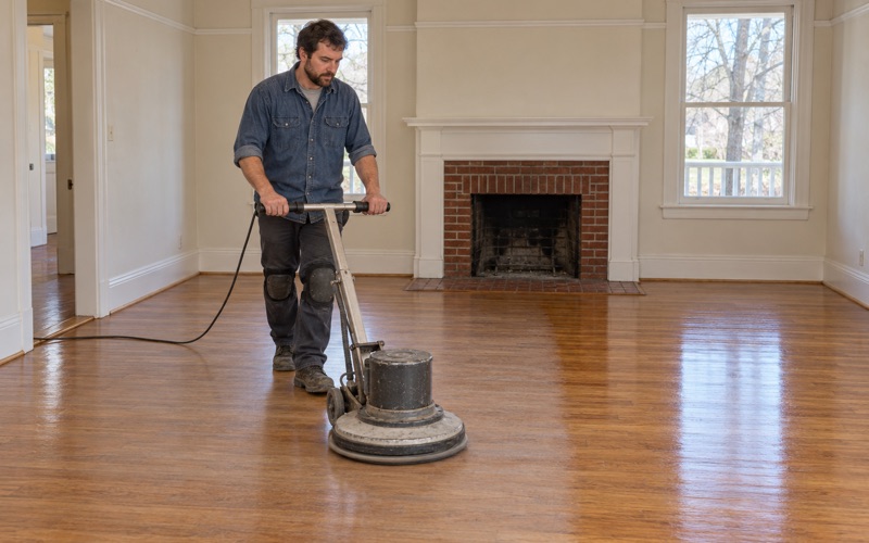 Worker running a rotary buffer with a screening pad over a sound finished oak floor in a Newton living room.