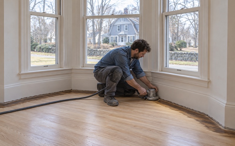 Worker edging bare oak around the facets of a bay window in a prewar Newton front room.