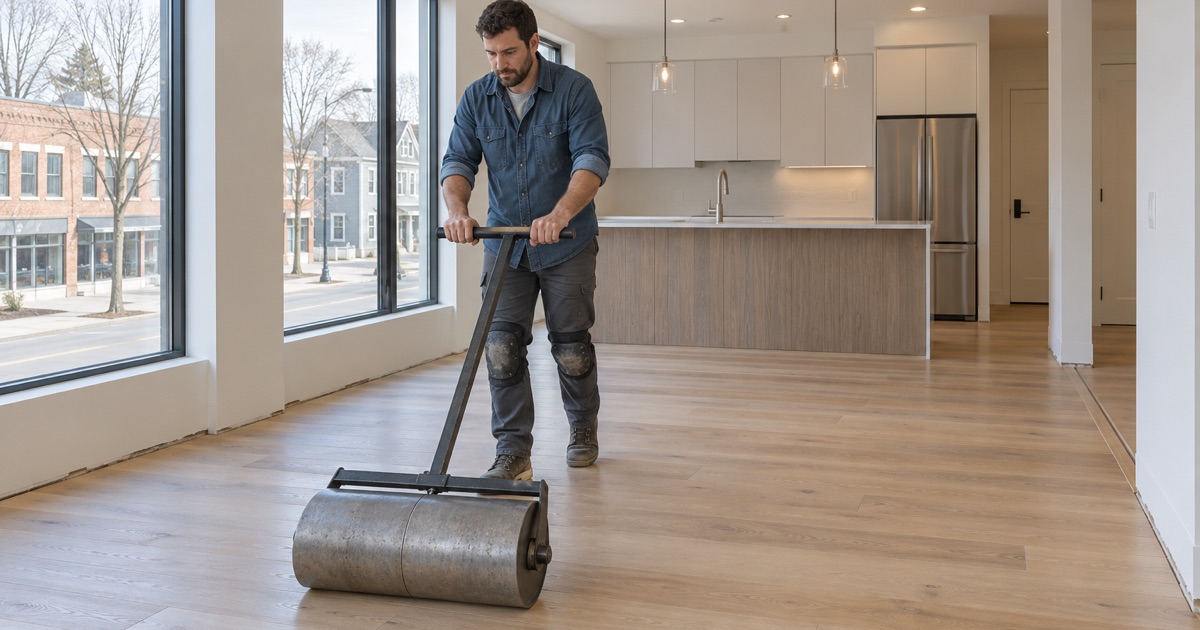 Worker rolling a weighted floor roller over newly glued engineered oak in a unit of a new Arlington apartment building.