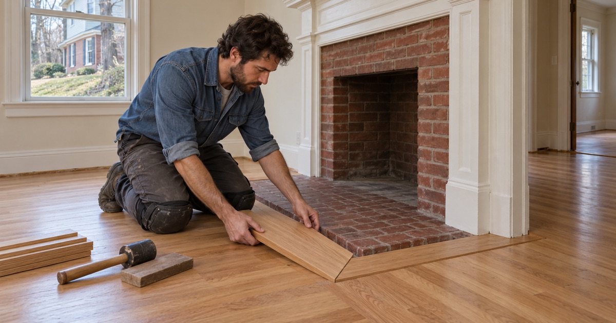 Worker fitting a mitered oak border board around the brick hearth of a 1930s Belmont Hill house.