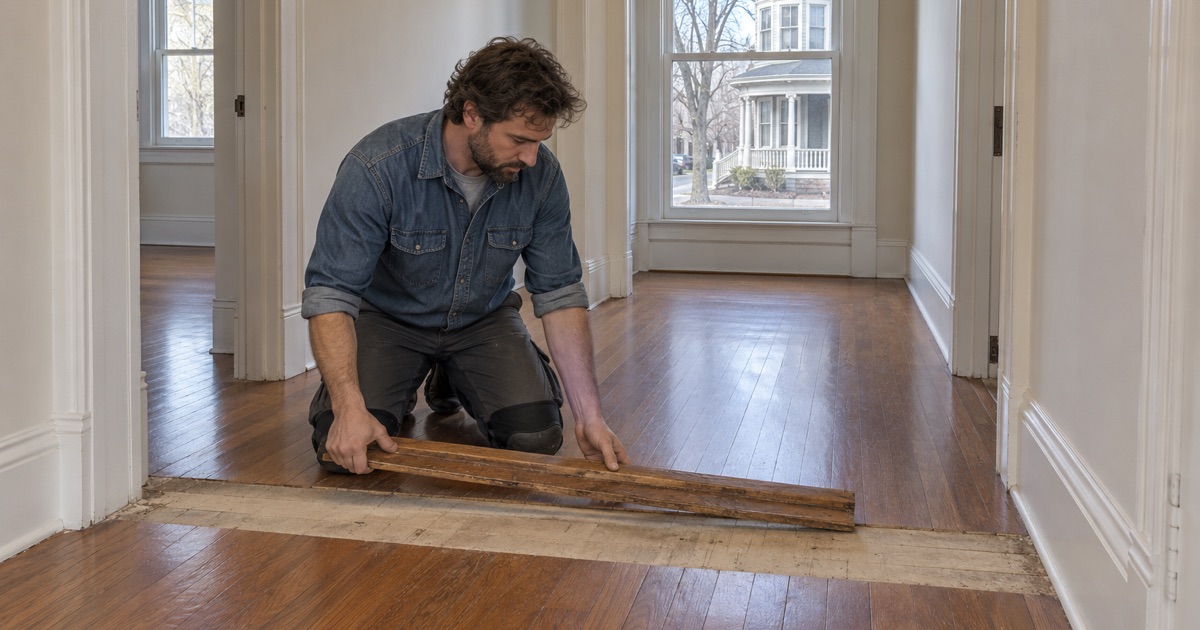 Worker lifting out an old threshold where an 1890s Brookline house was once divided into two units and later put back together.