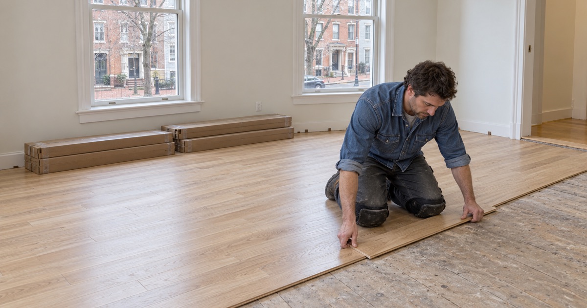 Worker sliding a new white oak board into place in a Cambridge condominium unit getting a new floor.