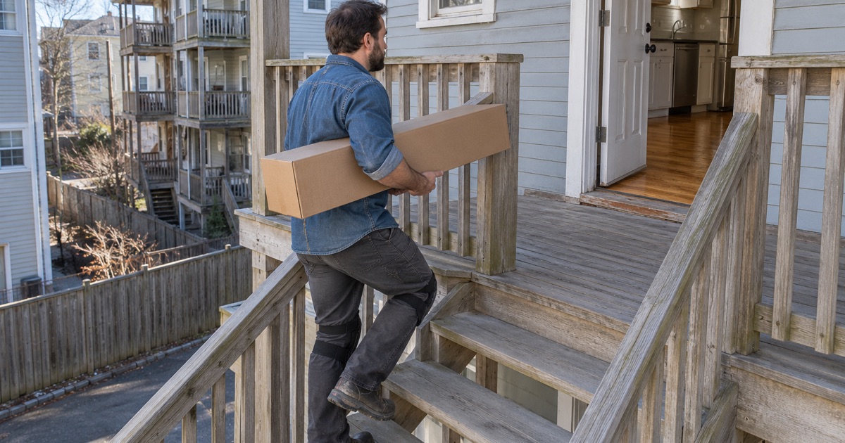 Worker bringing new oak flooring up the back stairs to a condo unit in an older Chelsea building.