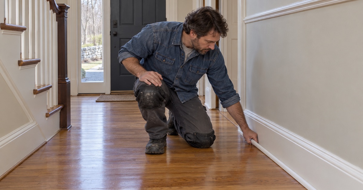 Worker refitting shoe molding after refinishing the hall floor of a side-hall house in Cochituate.