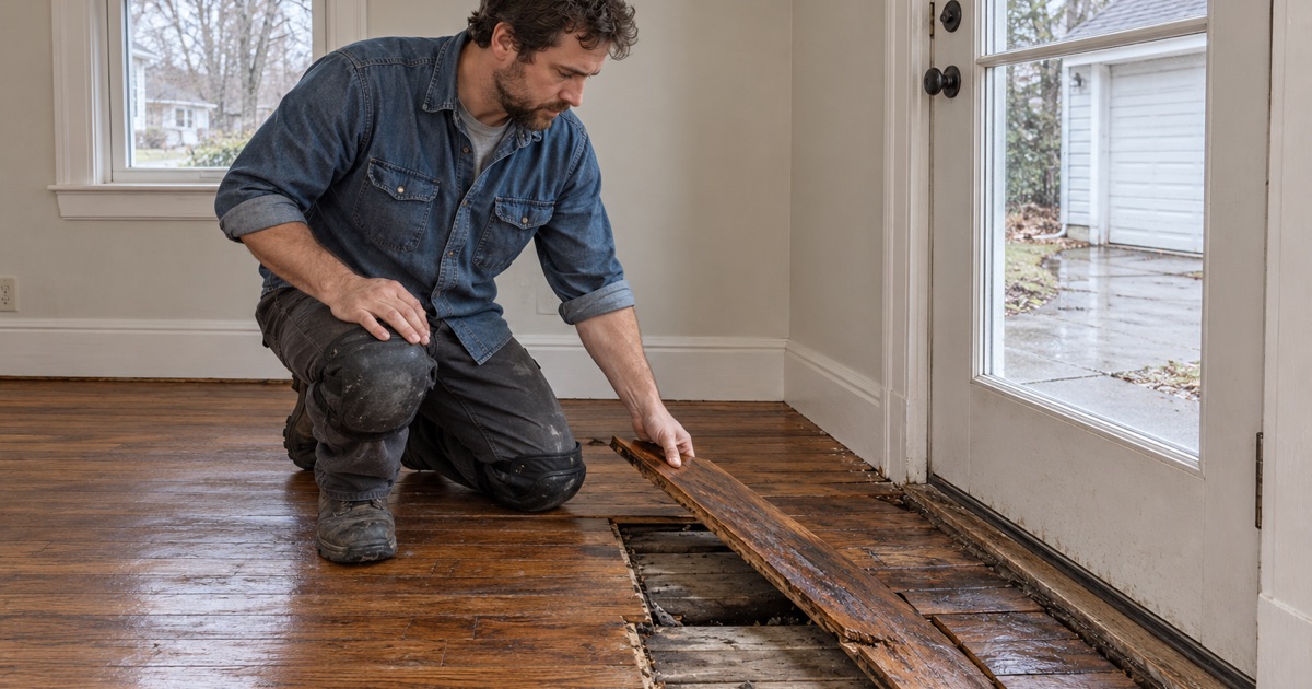 Worker lifting a swollen oak board near the side door of a Dedham house after water came in.