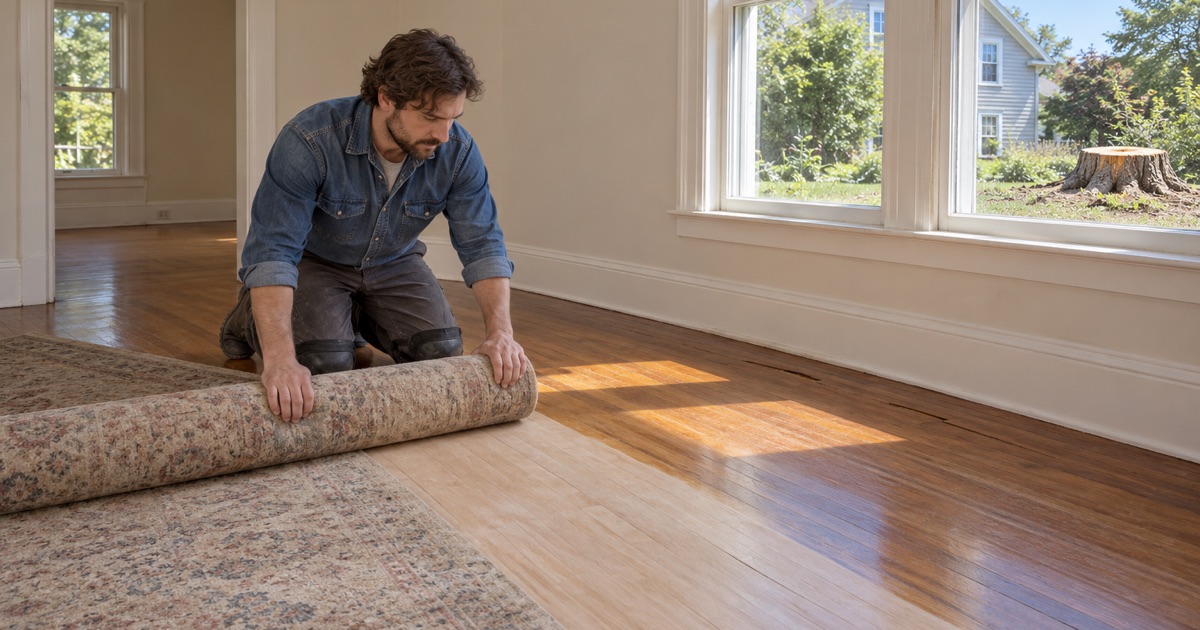 Worker uncovering summer-worn oak with gaps at the seams in an East Boston front room.