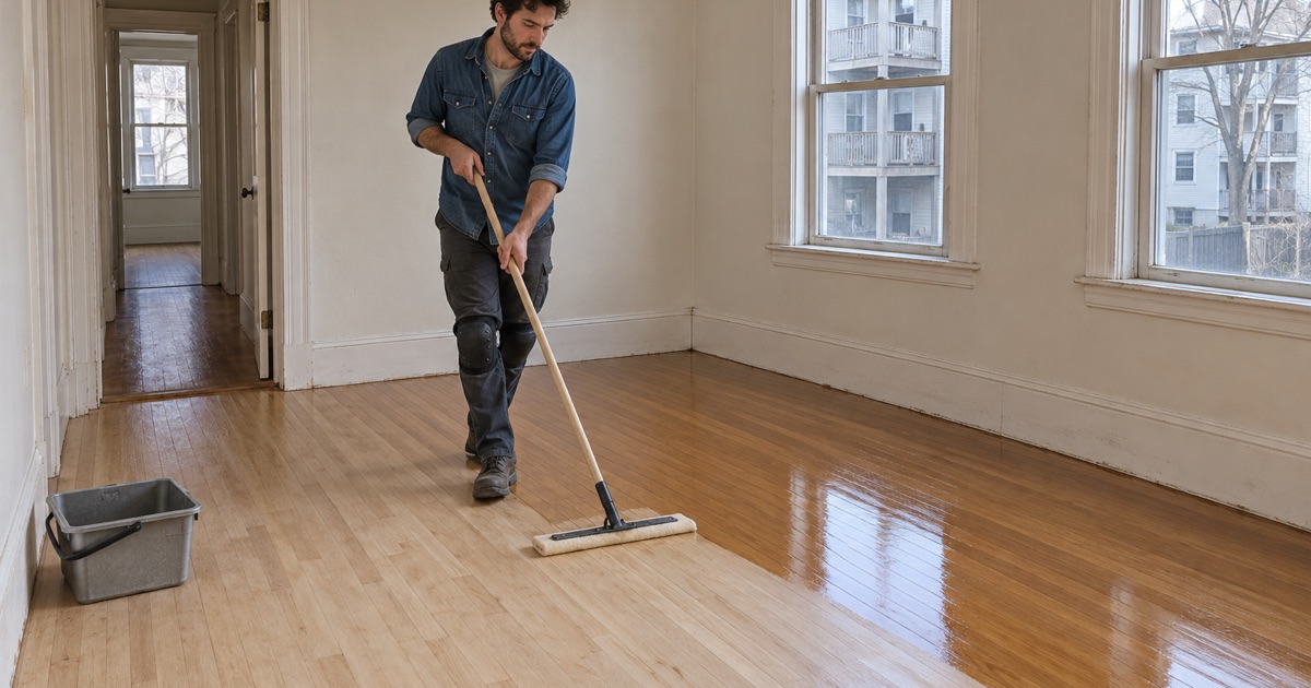 Worker coating the sanded oak floor of an emptied Everett rental unit between tenancies.