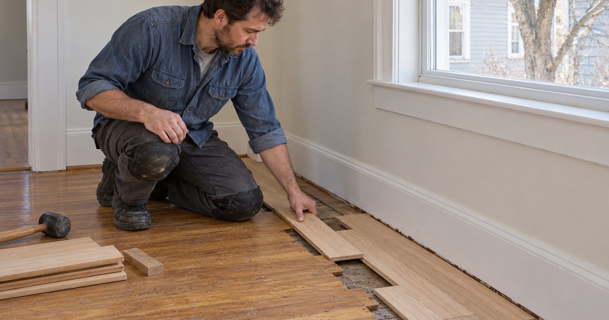 Worker weaving new oak into the original floor where a Jamaica Plain house was reworked inside.
