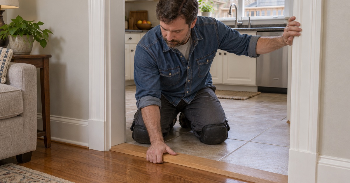 Worker seating a low beveled oak threshold flush between two rooms in a long-held Lexington house so there is no step to trip on.