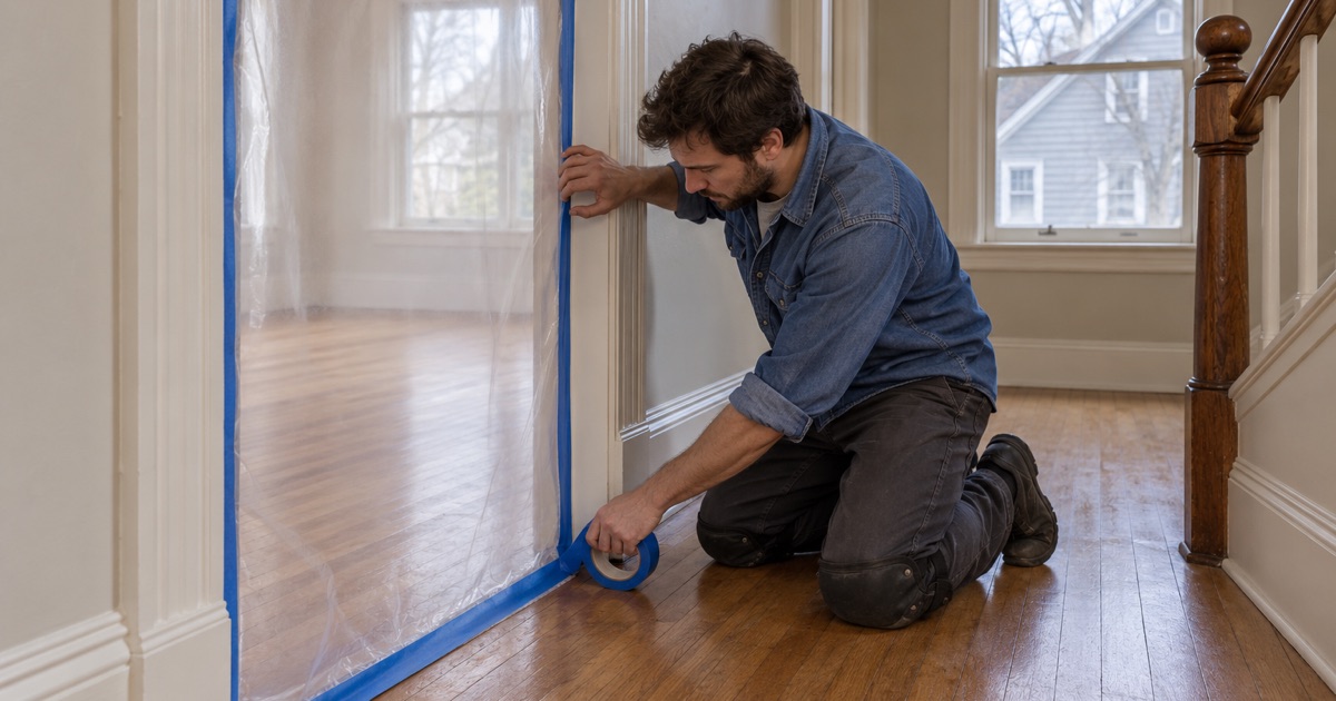 Worker setting up dust containment before refinishing the floors of an older Malden house for sale.