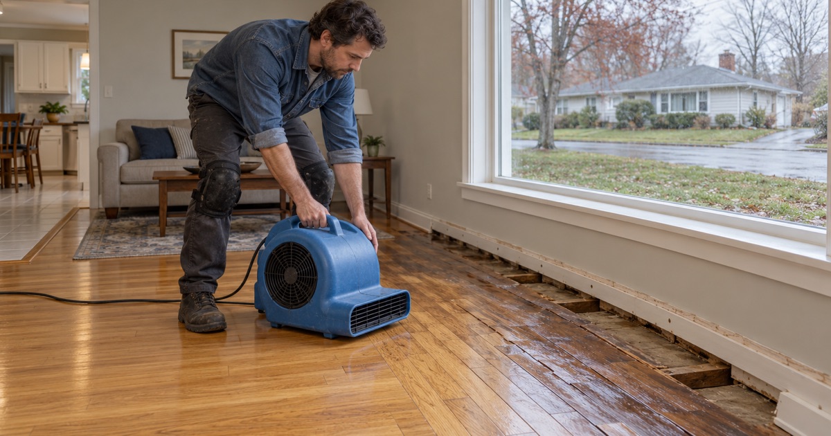 Worker setting a drying fan down on a water-damaged oak floor in a one-level Needham house after a storm.