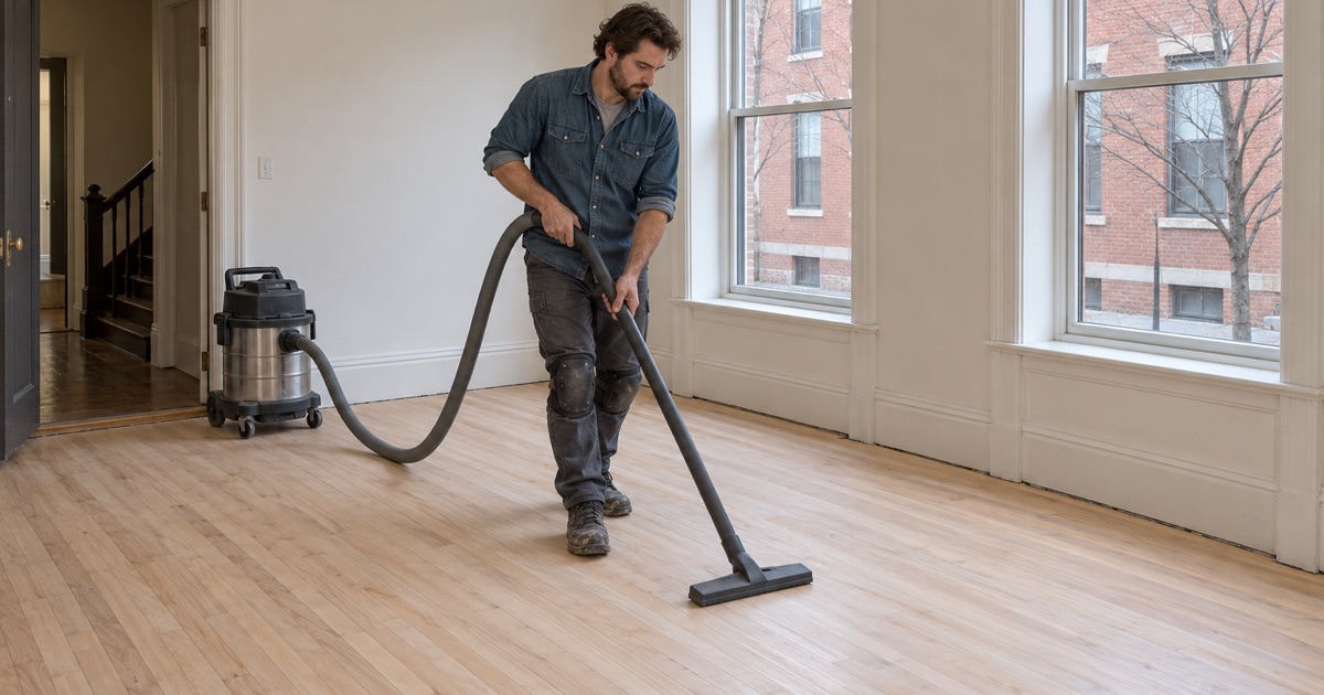 Worker clearing sanding dust from the oak floor of a North End apartment in a brick building.