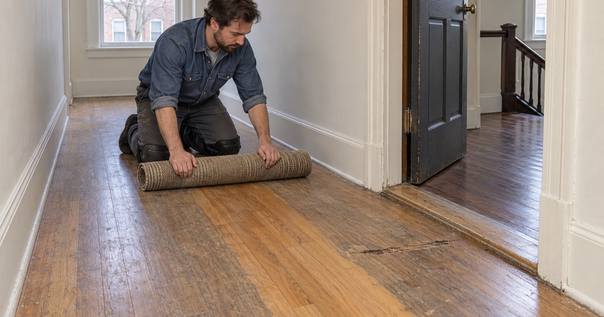 Worker rolling up a hall runner at a Waltham apartment door at move-out, uncovering worn oak beside an unfaded strip.
