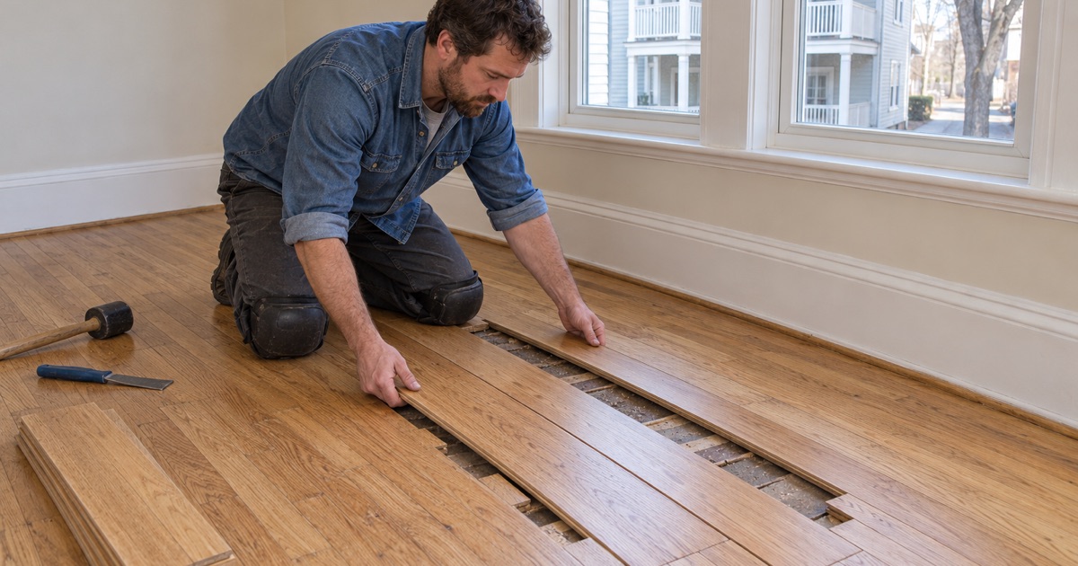 Worker lowering a long oak board into a woven patch where a radiator was removed in a Watertown two-family after a heat pump conversion.