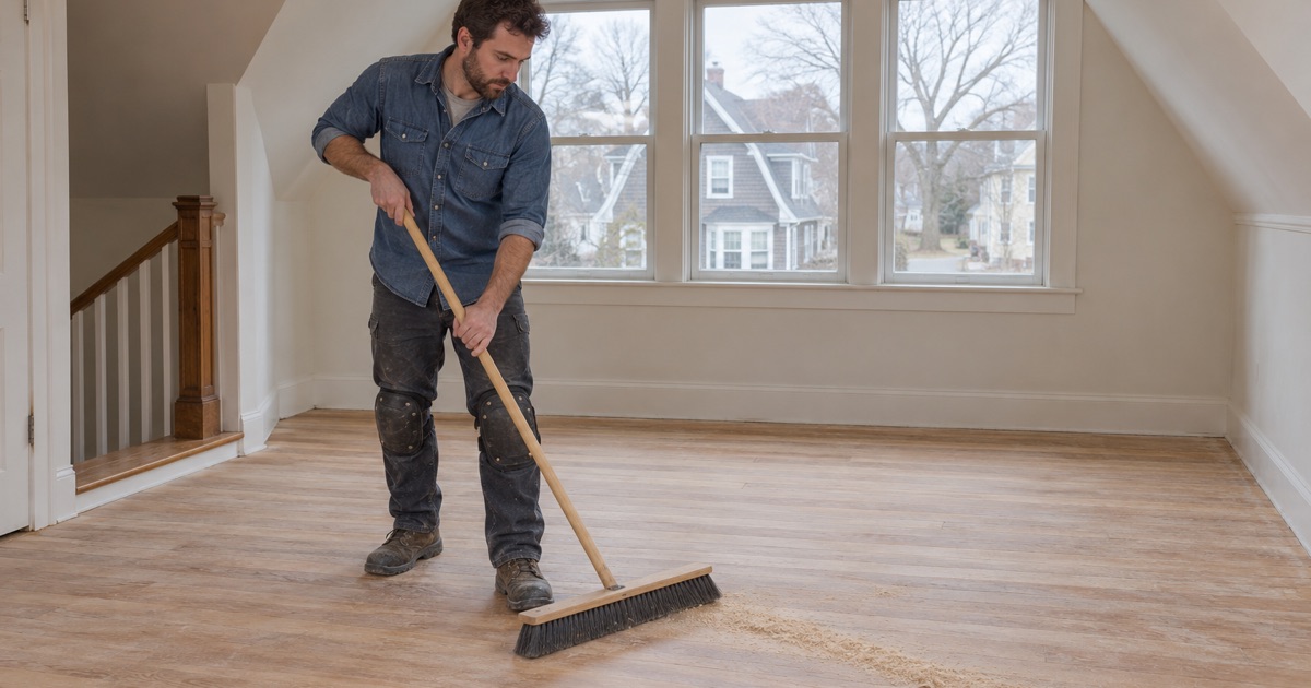 Worker sweeping sanding dust between passes in an upstairs room under the gambrel roof of a 1920s Wellesley house.
