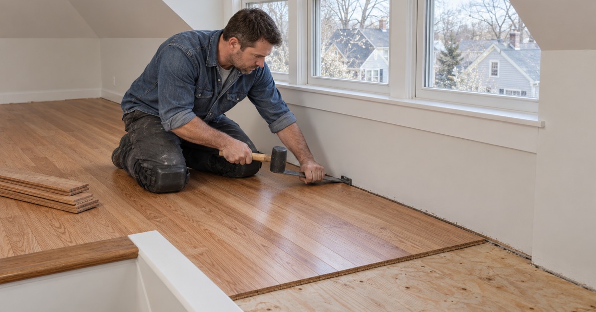 Worker drawing a new oak board tight with a pull bar in a West Roxbury attic room under a new dormer.